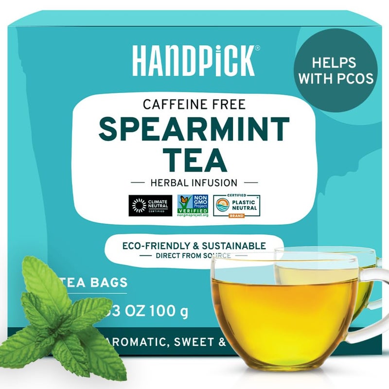 HANDPICK, Spearmint Tea Bags for PCOS relief (100 Herbal Tea Bags) |Refreshing Mint Tea | Non-GMO | Round Eco-Conscious Teabags - Image 1